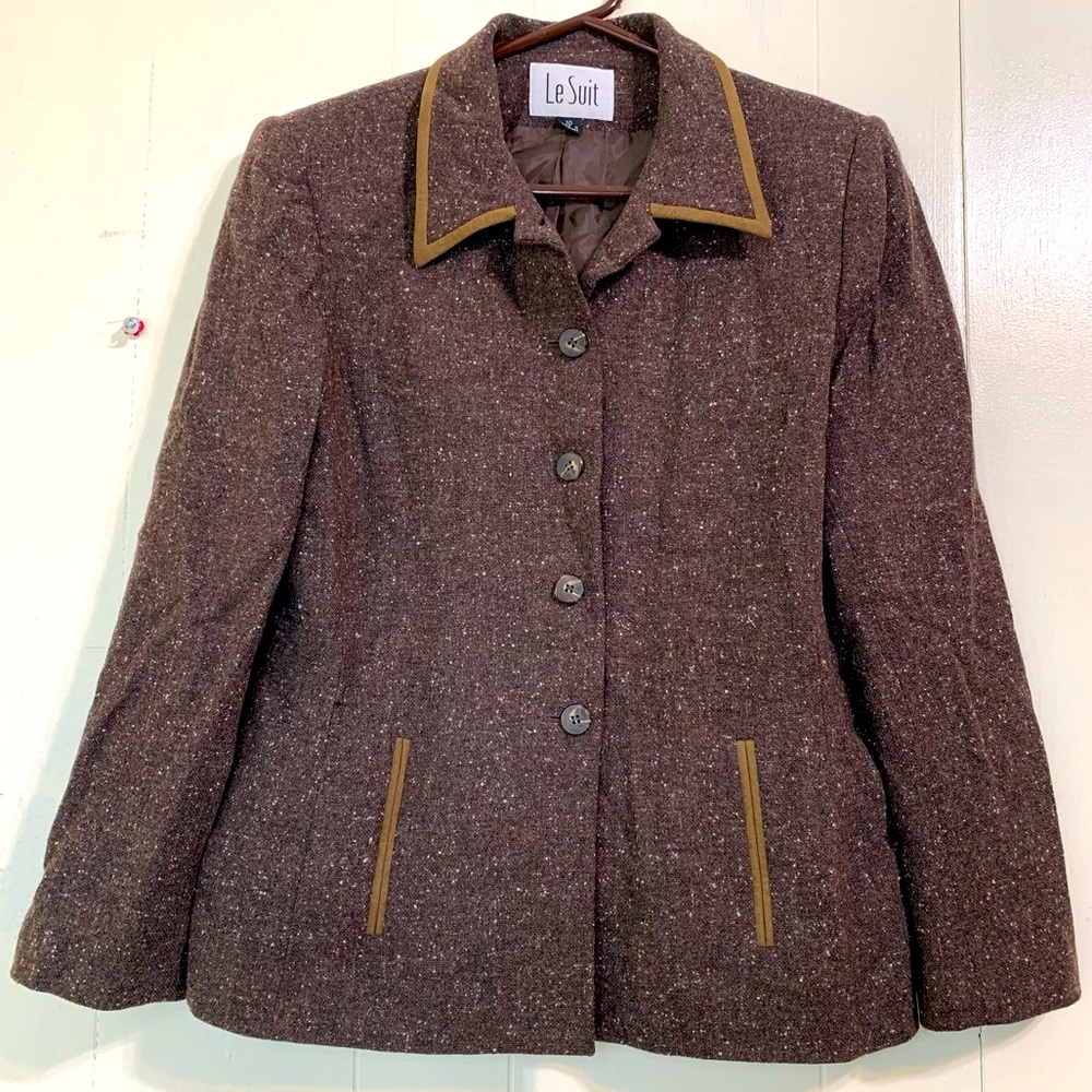 Le Suit Formal Classic Brown Wool Tweed Button Closure Blazer Suit Size 10.